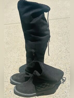 River Island Black Suede-Look Slouchy Knee Boots gently worn